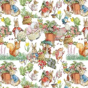 White Peter, Flopsy & Benjamin Fabric 44" Wide BTY Digital Printing - Picture 1 of 2