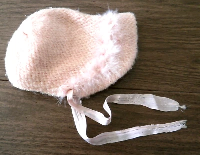 Vintage 1940sPale Pink Wool Knit Infant Cap Silk Lined Ribbon Ties - Image 1 of 4