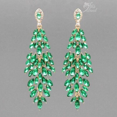 Dangle Earrings Green Crystal Rhinestone Gold Plated Jewelry Prom Women Gift 439 - Image 1 of 4