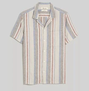 Camisa Madewell Para Hombre Pequeña Beige Fácil Manga Corta Rayas Lino Desteñido Mimbre Nueva - Imagen 1 de 15
