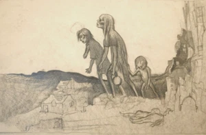 Arthur Wragg (1903-1976) boceto de propaganda de guerra. Figuras en paisaje desgarrado por la guerra. - Imagen 1 de 3