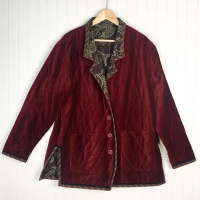 Koos Of Course Womens Quilted Jacket Red Paisley Buttons Pockets Reversible L - Image 1 of 4