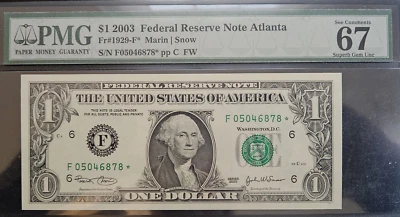 2003 One Dollar Federal Reserve *Star* Note - Atlanta - F05046878* - PMG 67 SGU! - Image 1 of 2