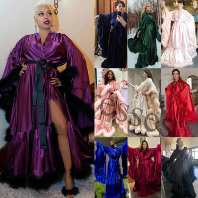 Сексуальные женщины шелк атласные халаты перо воротник халат ночная рубашка Sleepwear длинная юбка - Изображение 1 из 4