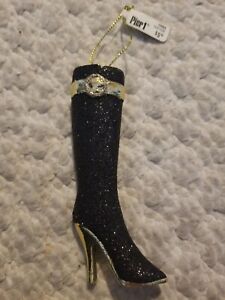 Vintage Pier One Miniature  Glitter High Heeled Boot Ornament Black w/ Gold 4"