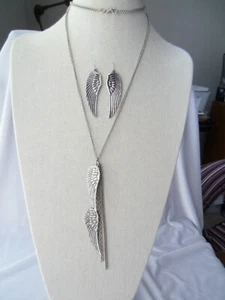 Large Silvertone Angel Wings Pendant Necklace and Dangle Earrings Set - Picture 1 of 7