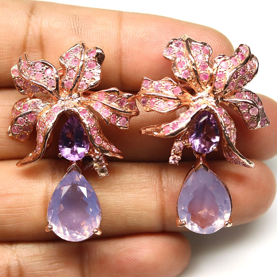 925 Silver 12 x 16 mm. Lavender Quartz, Amethyst & Sapphire Earrings Christmas - Image 1 of 4