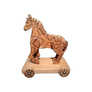 Vintage Wooden Primitive Look Horse On Wheels Toy - Picture 1 of 4