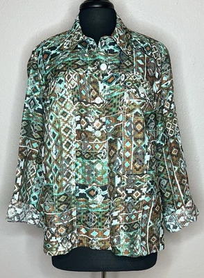 Ruby Rd Woman Burnout Semi-Sheer Jacket Women’s 18W Geometric Roll Tab Linen Bl - Image 1 of 4