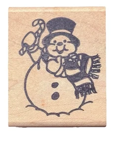 Happy Snowman Candy Cane Christmas Winter Season Holiday Wood Rubber Stamp - Picture 1 of 3