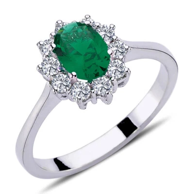 Halo Diamant Oval Smaragd Entourage Ring 14 Karat Weißgold - Bild 1 von 4