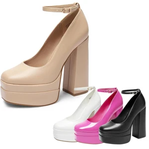 Women Y2K Pumps Ankle Strap Close Toe Chunky High Heel Party Dress Pump Shoes - Picture 1 of 30