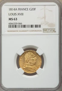 FRANCE , GOLD 20 FRANCS 1814 A PARIS - LOUIS XVIII -  NGC MS 63 , RARE7 - Picture 1 of 2