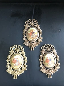 Juego de cuadros de porcelana vintage en pequeños marcos de latón - Anx - Imagen 1 de 5