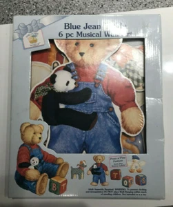 Blue Jean Teddy 6 Pc Musical Wall Art Baby Nursery Decor Bear Retro - Picture 1 of 5