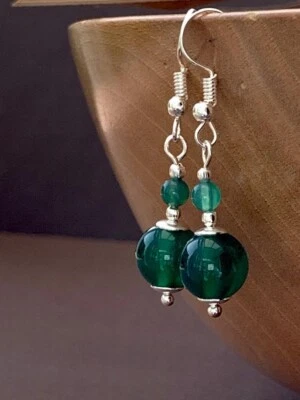 Crystal Beaded Dangle Drop Earrings in Silver and Emerald Green Onyx - Image 1 of 4