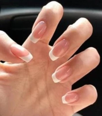 Nude Pink False Nails White Tips Matched Skin Tone Beige Cream Peach Squaoval - Image 1 of 4
