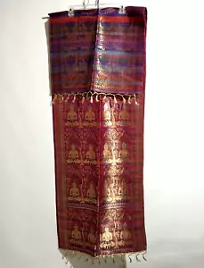 Runner da tavolo vintage asiatico seta pesante 70"L x 21"W frange oro rosso/viola/oro - Foto 1 di 3