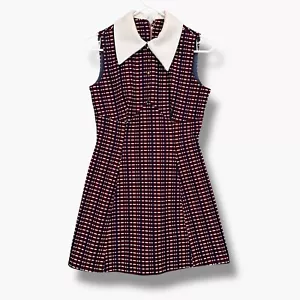 Vintage 60s Mini Dress Womens Small Mod Collar Babydoll Kidcore Striped Maroon - Picture 1 of 18