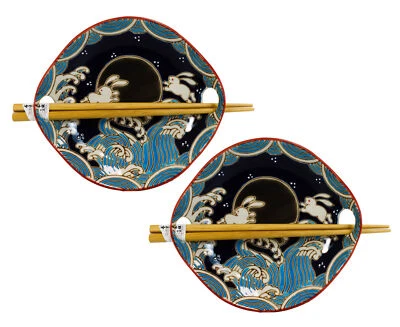 Pack Of 2 Rabbits By Black Moon Appetizer Coupe Plate Flat Bowl With Chopsticks - Image 1 of 4