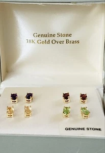4 Pairs Of Genuine Stones 18kt Gold Over Brass Stud Earrings, New In Box - Picture 1 of 6
