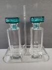  Vintage  Oil and Vinegar  with Lucite Caddy Clear Bottles/ blue-green Tops