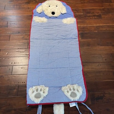 Saco de dormir Pottery Barn Kids peludo tostado y blanco cachorro perro con cremallera guinga azul Foto 1 de 4