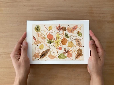 抽象秋叶水彩画签名原版 7x10 英寸 — 第 1/4 张图片