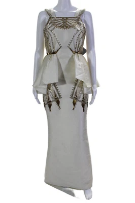 Badgley Mischka Couture Womens Beaded Square Neck Long Sleeve Gown Cream Size 0 - Image 1 of 4