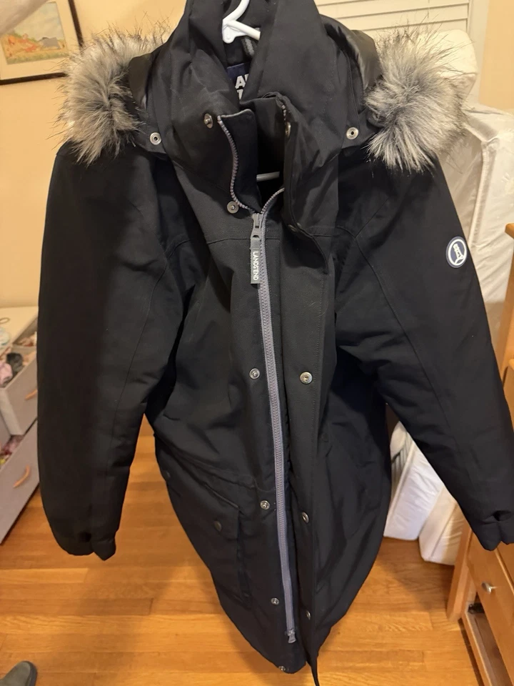 Lands End Parka Coat Mens Medium Black Down Expedition Outdoor Jacket Fur Hood - Image 1 of 4