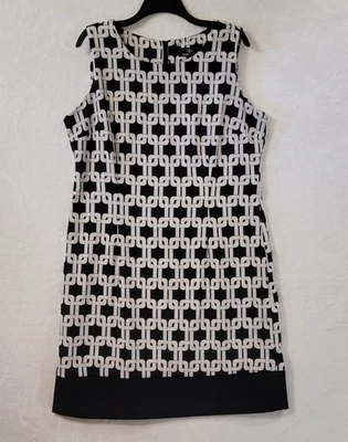 Vestido para mujer talla 16 Ronni Nicole negro blanco estampado geométrico elástico sin mangas Foto 1 de 4