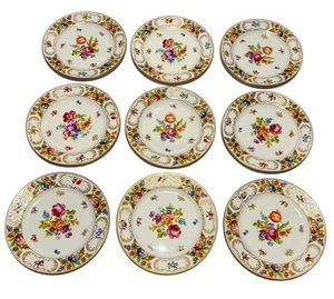 Set 9 Schumann Empress Dresden Flower 7 3/4" Salad Plates Bavaria Gold Rim - Picture 1 of 9