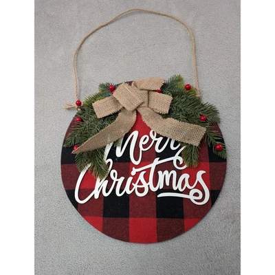 Letrero colgante a cuadros de búfalo redondo de Feliz Navidad rústico decoración navideña de granja Foto 1 de 4