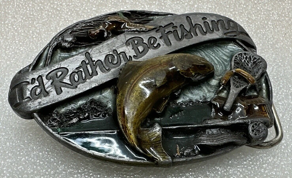 Siskiyou Buckle Co. 1985 Hebilla de cinturón de pesca I'd Rather Be EE. UU. M-30 esmaltada Foto 1 de 4