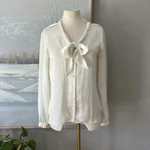 Blusa Anne Klein Crema Neutra Sedosa Cuello Enrollado Corbata Talla Pequeña Empresa Trabajo - Imagen 1 de 13