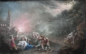 Antique Drawing Original People and Castle Landscape in a Storm - Picture 1 of 8