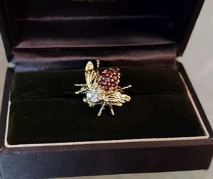 Panetta Bee Ring Red & White Rhinestones 14k Gold on 925 Silver - Signed VINTAGE - Picture 1 of 15