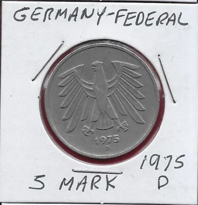 GERMANY FEDERAL REP 5 DEUTSCHE MARK 1975-D FACE VALUE IN A SQUARE WITH ROUDED CO - Image 1 of 2