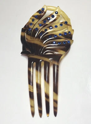 Antiguo peine de pelo Art Deco años 20 imitación tortuga celuloide peines de imitación azul Foto 1 de 4