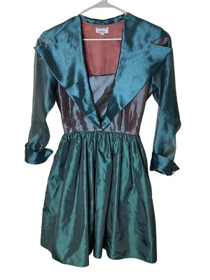 Vintage 80s Lola Berent Sz 8 Green Taffeta Party Dress Glam Retro Formal USA - Image 1 of 4