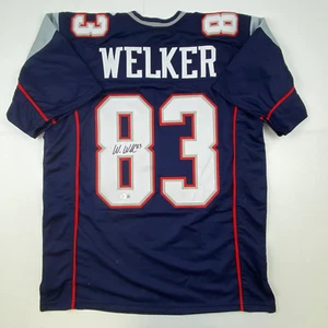 Autographed/Signed Wes Welker New England Blue Football Jersey Beckett BAS COA - Picture 1 of 4