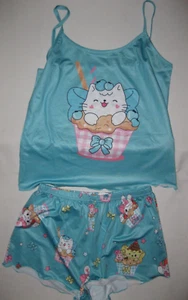 Shein Kawaii Kitty Grafik Cami Crop Top & Tiere Print Schlafshorts Pyjama S blau - Bild 1 von 4