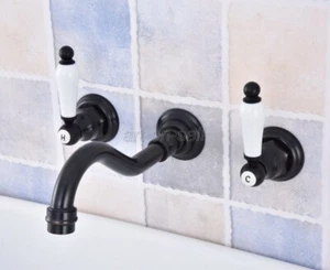Oil Rubbed Bronze 3 hole Wall-mounted Bathroom Basin Faucet Dual Ceramic Handles - Picture 1 of 8
