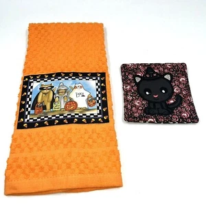 NUEVO Halloween Toalla de Mano Taza Alfombra Juego de 2 Piezas Disfraz Naranja Calabaza Gato Negro - Imagen 1 de 6