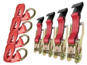 12 FT Red Lasso Wheel Tie Down Straps 2" Wide Rail Hook Ratchet (4 Pack) Cargo - Picture 1 of 1