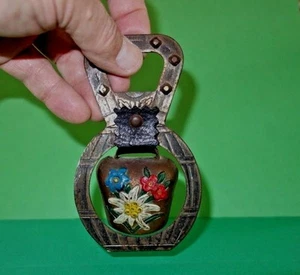 Swiss Vtg Dairy milk Cow Brass Edelweiss Bell Switzerland Souvenir Beer Opener - Picture 1 of 12