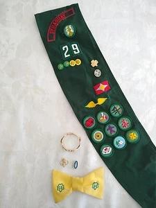 Vintage 1960's Girl Scout Sash: Wings, Merit Badges, Pins, Bowtie, Gold Bracelet - Picture 1 of 10