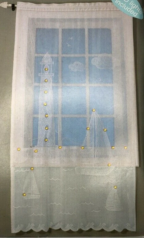 Coastal White Lighted Lace Window Panels Set of 2 Sailboats Lighthouse Nautical - Image 1 of 4