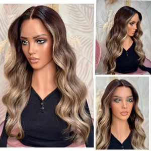 Loose Deep Wave 13x4 Lace Front Wigs Remy Human Hair Brown Roots Honey Blonde  - Picture 1 of 8