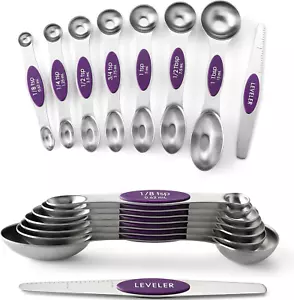 Magnetic Measuring Spoons Set, Dual Sided, Stainless Steel, Fits in Spice Jars, - Picture 1 of 12